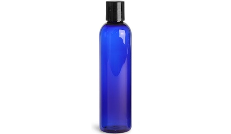 Plastic Tall Blue Bottles with Black Disc Top Caps, 8 oz.